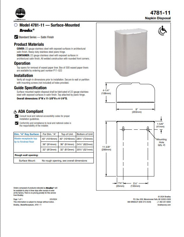 Satin Finish Surface Mounted Napkin Disposal Bradley 4781-110000