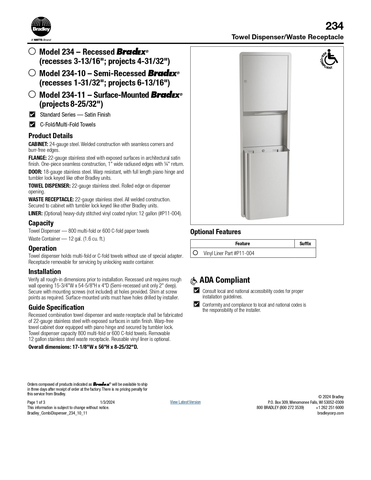 Recessed Framed Medium Capacity Towel Dispenser / 12 Gallon Waste Bradley 234-000000