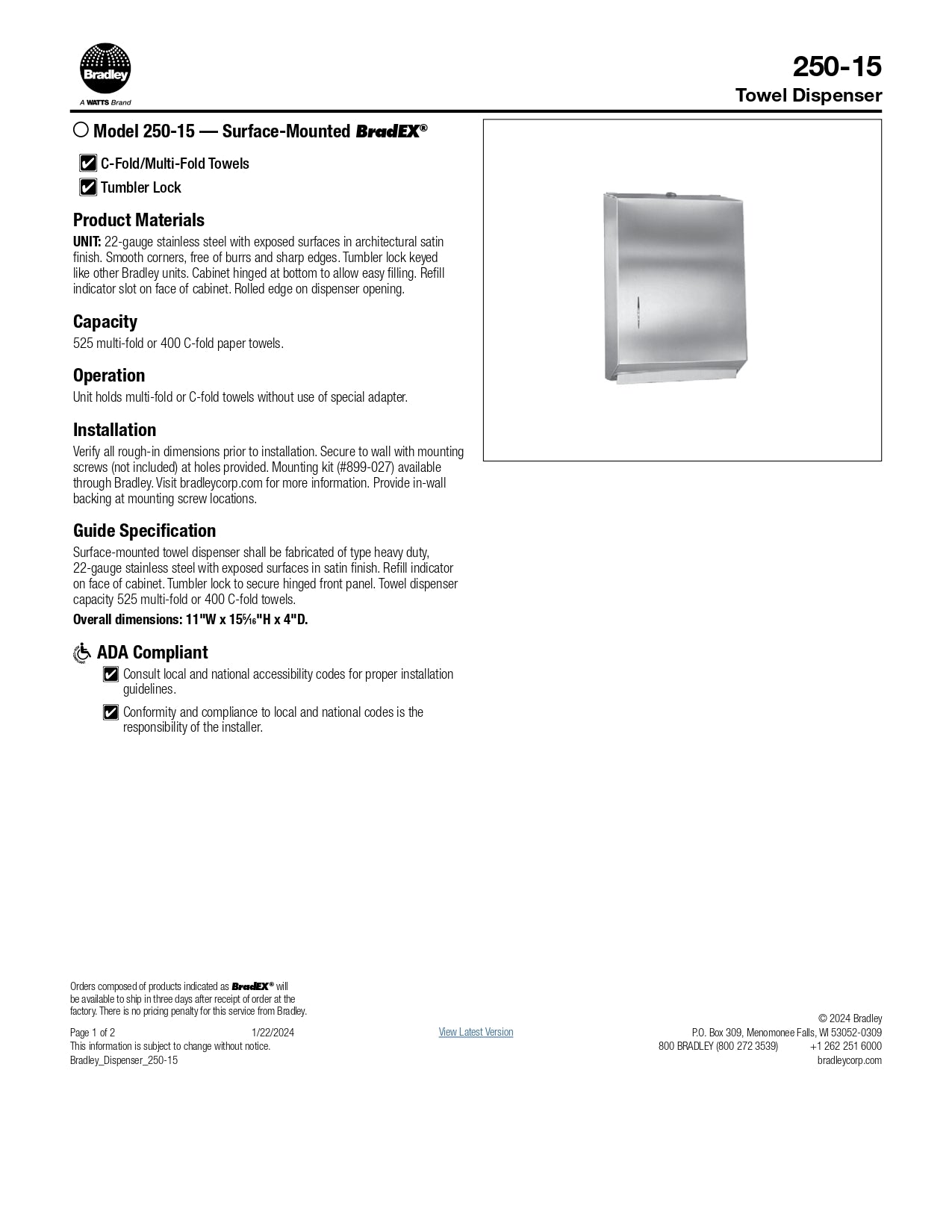 Surface-Mounted Towel Dispenser Bradley 250-150000