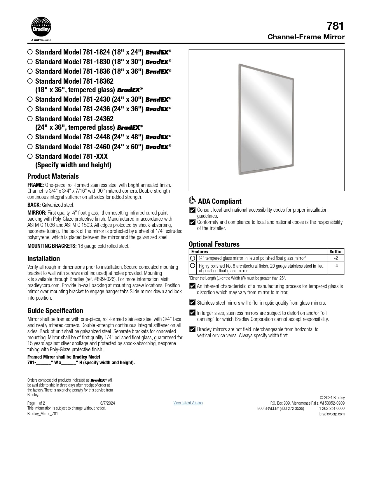 18" x 36" Channel Frame Mirror Bradley 781-018360