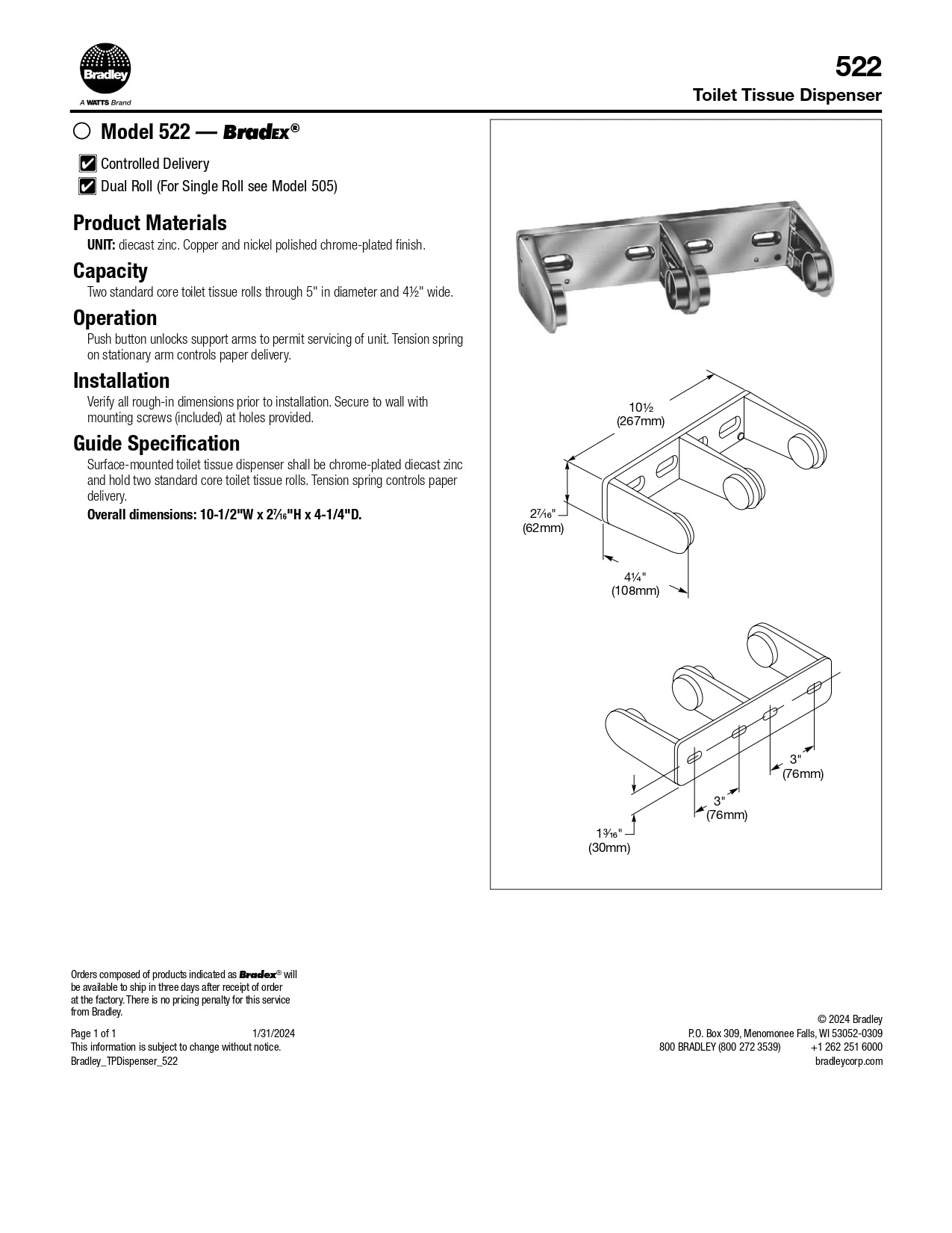 Tension Spring Control Spindle-less Toilet Paper Dispenser, Dual Bradley 522-000000