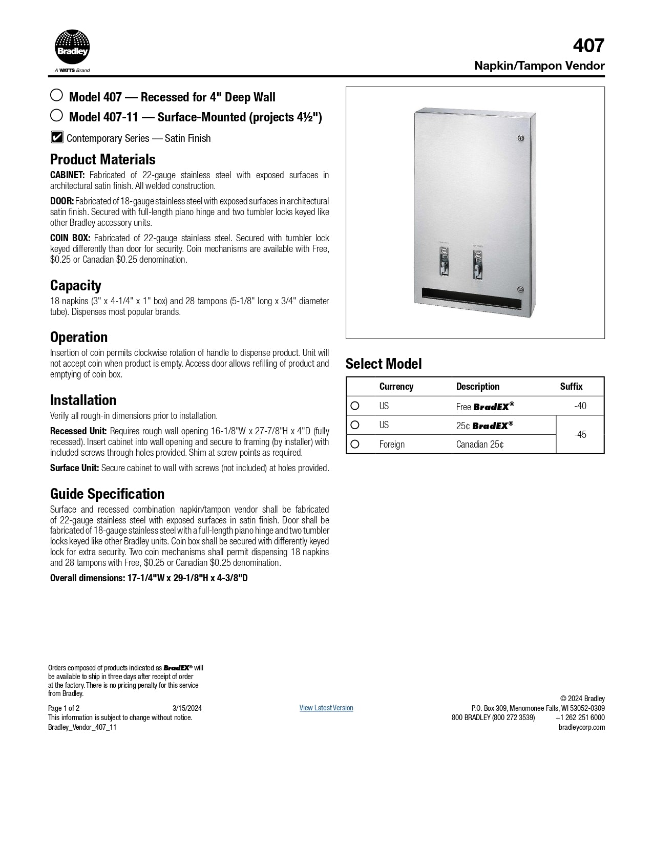 Napkin/Tampon Vendor, Surface Mounted, $0.25 Bradley 407-114500