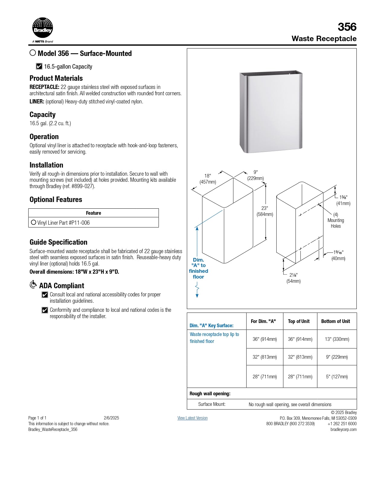 16.5 Gallon Waste Receptacle Bradley 356-000000